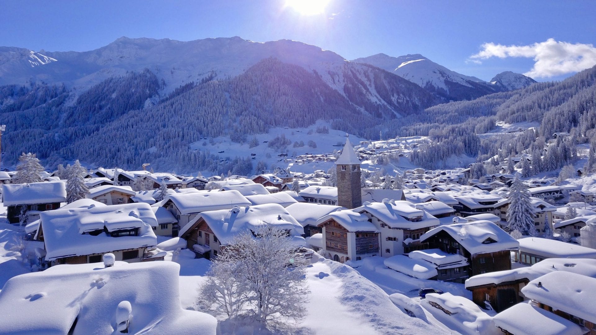 view from Klosters village in winter covered with snow