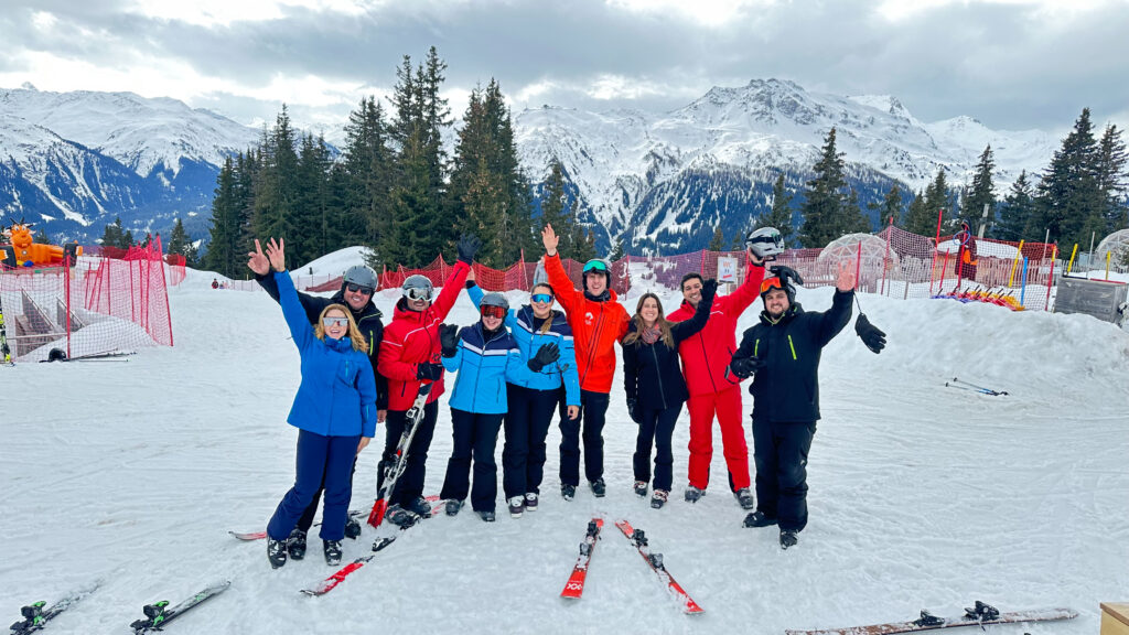 A group of ski beginners with the Klosters Ski School on Madrisa in Klosters.
