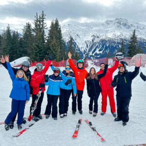 A group of ski beginners with the Klosters Ski School on Madrisa in Klosters.