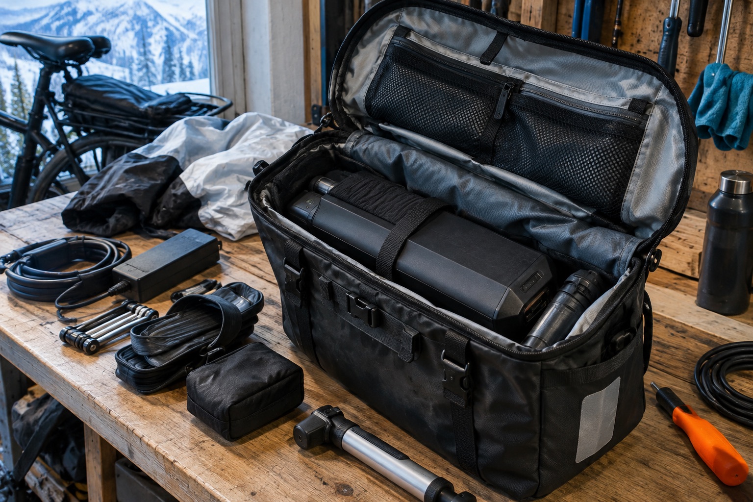 An open bicycle pannier with a spare battery and neatly arranged kit on a workbench