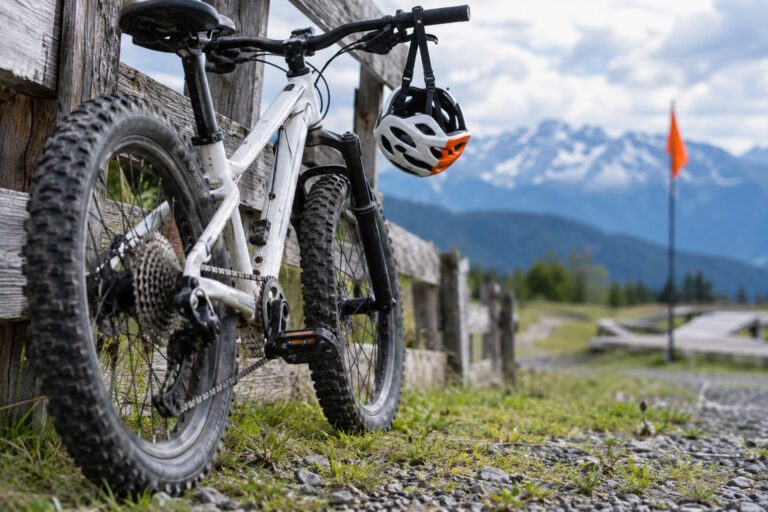 A small mountain bike leaning against a wooden fence, a child's helmet hanging from the handlebar