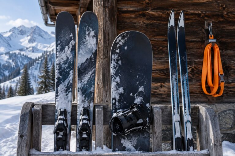 Alpine skis, a snowboard and narrow cross-country skis standing side by side in a wooden rack