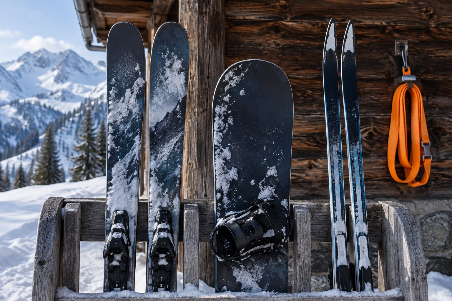 Alpinski, ein Snowboard und schmale Langlaufski stehen nebeneinander in einem Holzständer