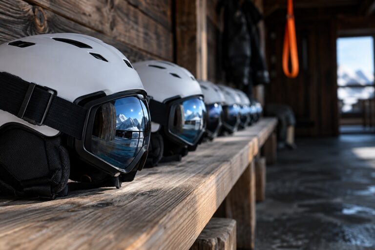 A row of identical helmets lined up along a long wooden bench