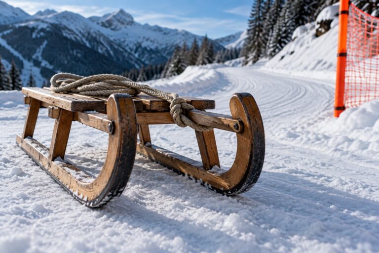 A wooden sledge standing in the snow with its pull rope coiled on the seat
