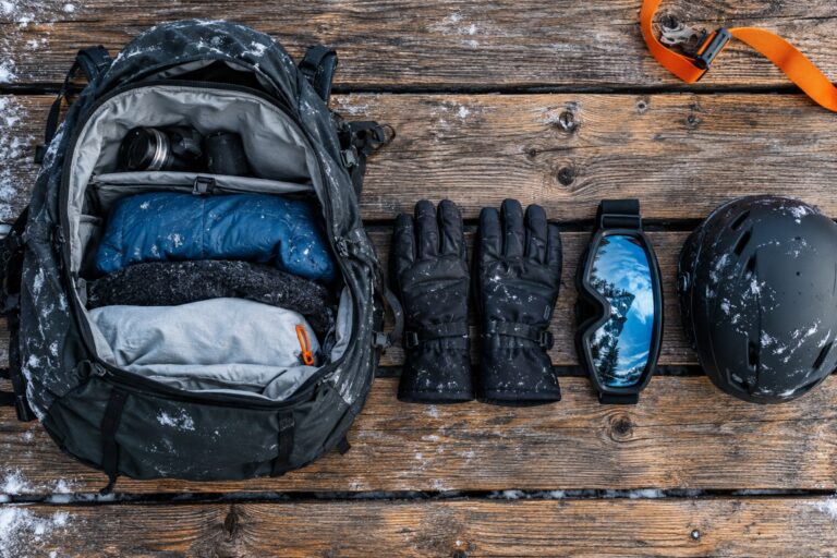 Ein offener Rucksack auf einer Holzbank, Handschuhe, Brille und Helm daneben ausgelegt