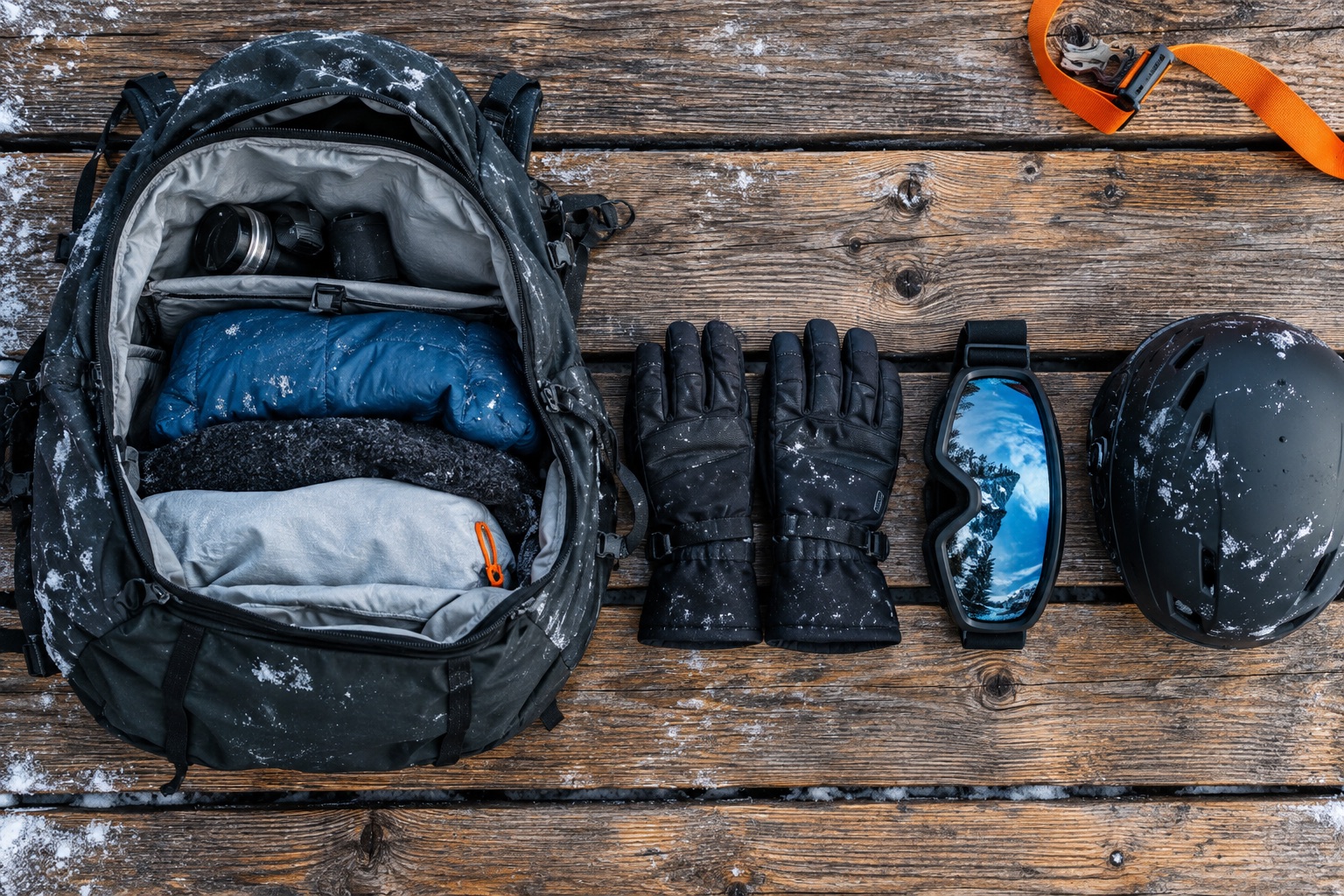 An open rucksack on a wooden bench with gloves, goggles and a helmet laid out beside it