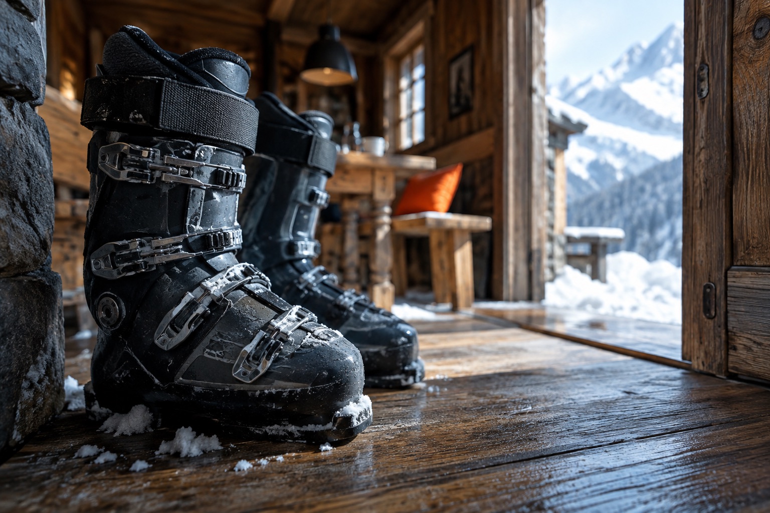 A pair of ski boots standing on the wooden floor at the entrance of a mountain hut