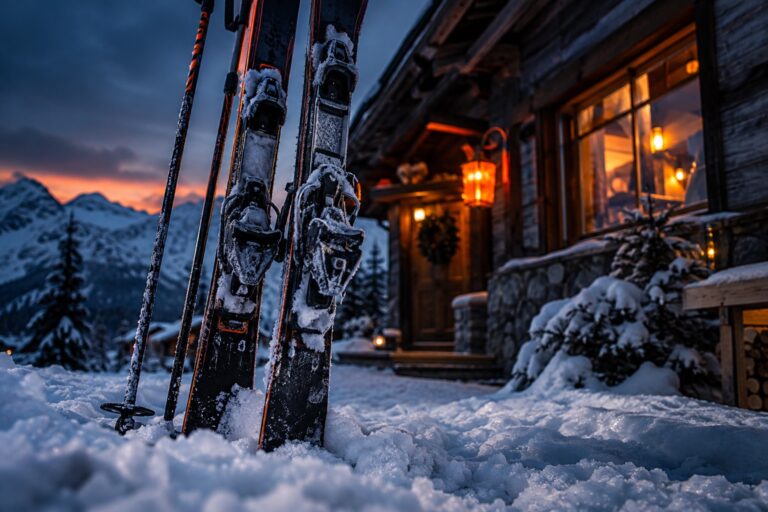 A pair of skis planted in the snow at dusk, warm light from a window behind