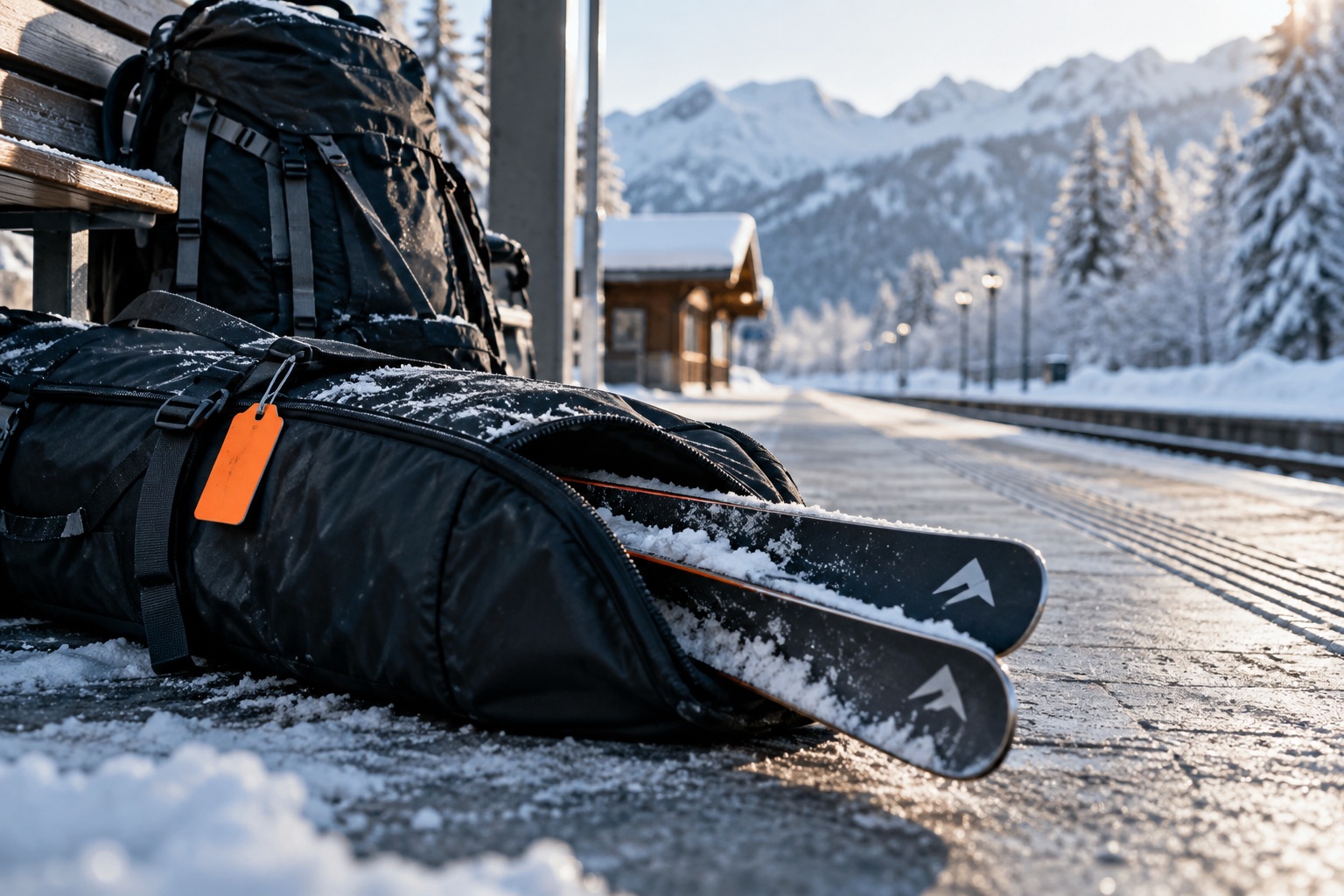 Eine Skitasche und ein Rucksack stehen an einer Bank auf einem Bahnsteig