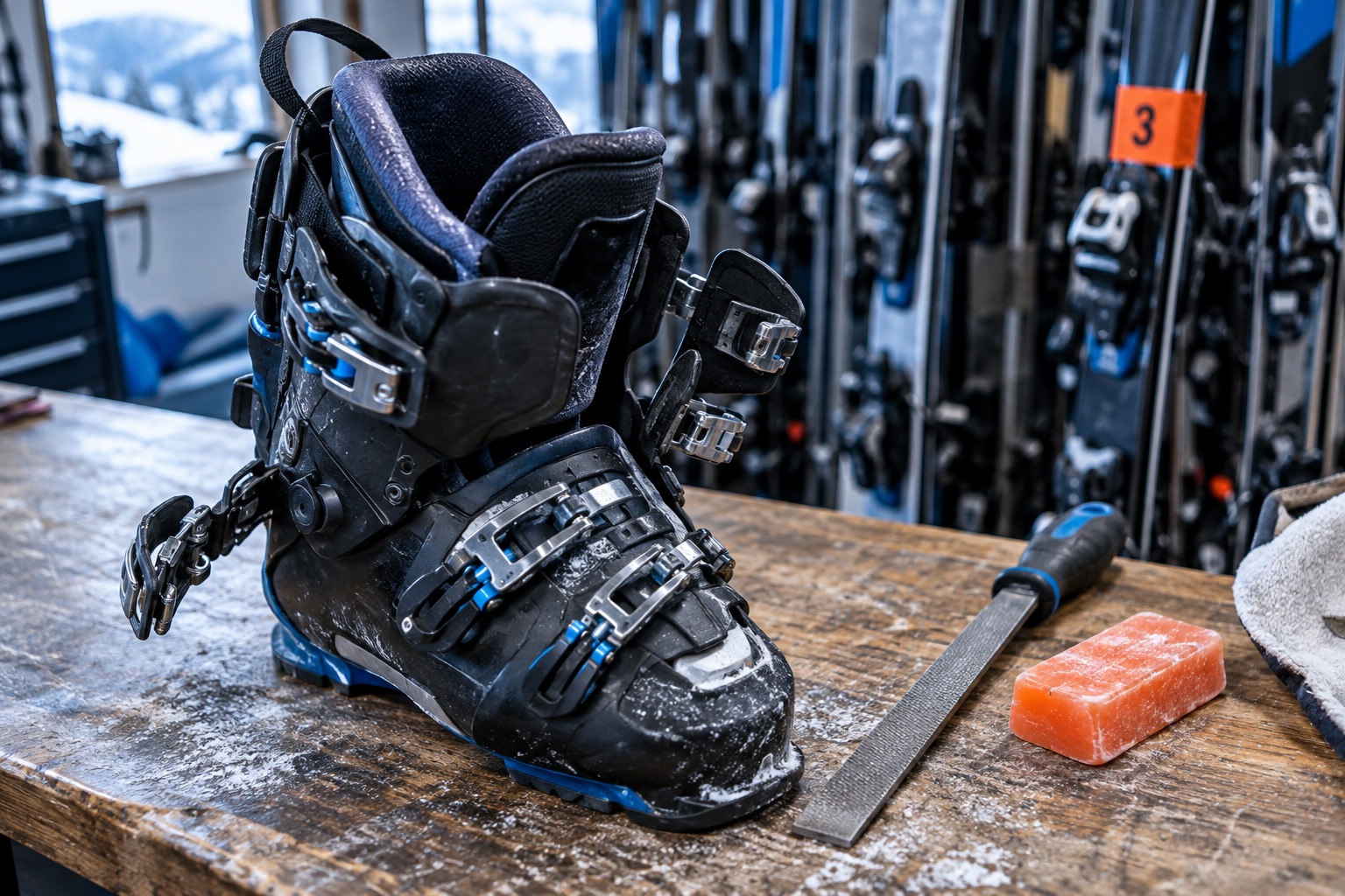 An opened ski boot on the workbench, an edge file and a block of wax beside it