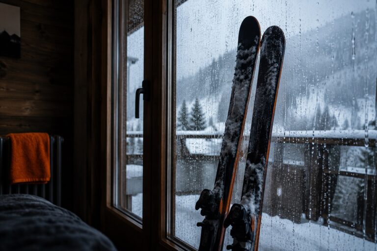 A pair of skis leaning against a rain-streaked window, drops on the glass