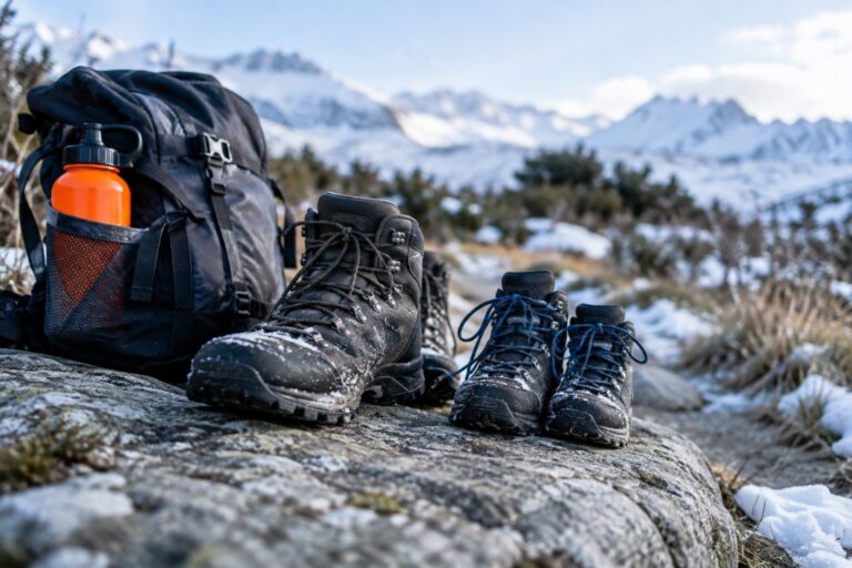 A small rucksack and two pairs of walking boots on a flat stone beside the path